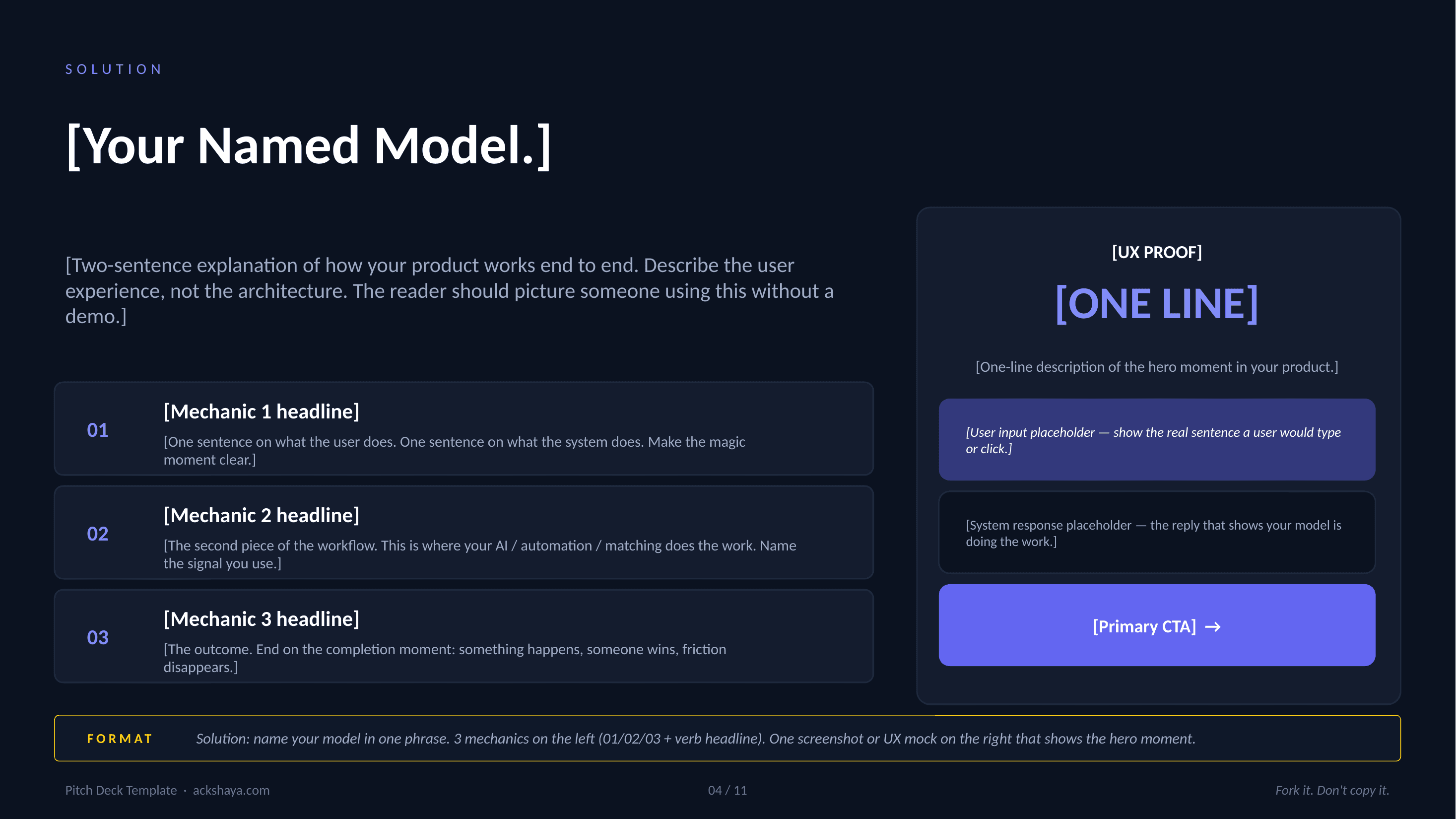 Slide 04: Solution from the pitch deck template, with a small FORMAT strip near the bottom explaining what goes in this slide.
